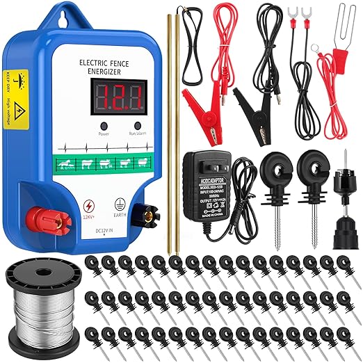 Electric Fence Kit, 8 Mile 12kV 2J Electric Fence Charger AC/DC Powered with 50 Insulators, Socket Tool, 250ft Aluminum Wire for Livestock Control, Predators Deterrent(LCD Display Ver.,Blue)