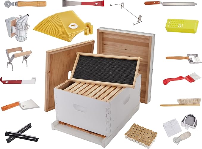 Jumbl 30 Pcs. Beekeeping Starter Set, 10-Frame Sheets White Painted Beehive for Beginners and Professionals, Comprehensive Tool Set, Introduction Booklet, 20 Bees-Wax Sheets for Candle Making