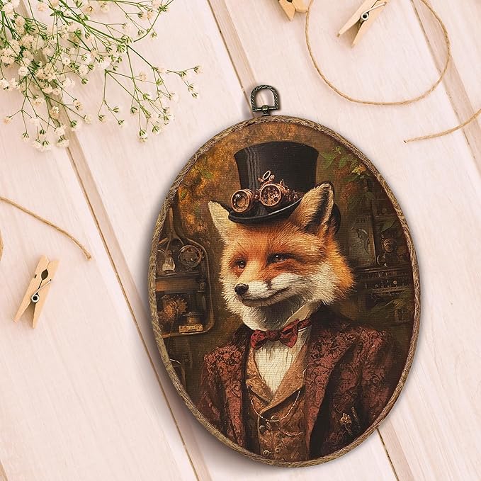 Hxlac Vintage Fox Oval Wall Art Framed, Dark Moody Fox Oval Wall Decor, Rustic Farm Animal Hanging Canvas Prints Wall Sculptures for Farmhouse Home Living Room Bedroom Decor, 8.5x11.5 Inch