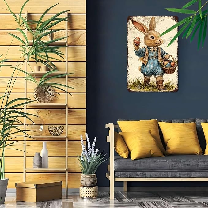 YoyaVex Bunny Metal Sign Vintage Easter Design With Decorative Eggs Rustic Wall Decor For Indoor Outdoor Use In Home Garden 8X12Inch