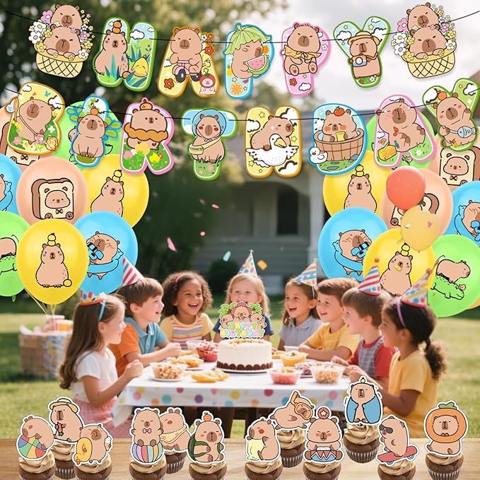 Cartoon Happy Birthday Banner Balloons Cupcake Toppers Birthday Decorations for Capybara Theme Party Decor Supplies