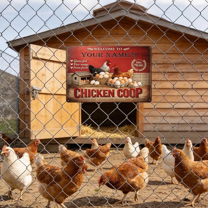 Custom Your Name Chicken Coop Sign Welcome To Your Farm Fresh Eggs Hens Personalized Metal Tin Plaque Vintage Rustic Wall Decor Barn Backyard Gift