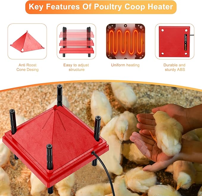 Brooder Plate for Chicks with Anti-Roost Cone, Chick Brooder Heater Red 10" x 10" with Constant Temperature