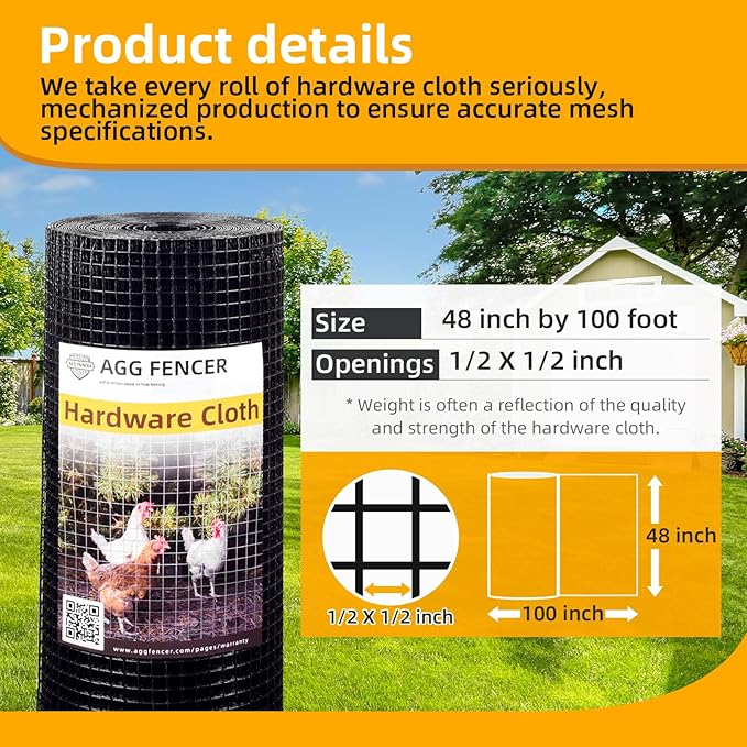 Black Hardware Cloth 1/2 inch 48 x 100ft PVC Coated Wire Mesh Vinyl Coated Fence, Welded Metal Chicken Wire Fencing Roll, Garden Plant Fencing, for Chicken Coop and Home Improvement