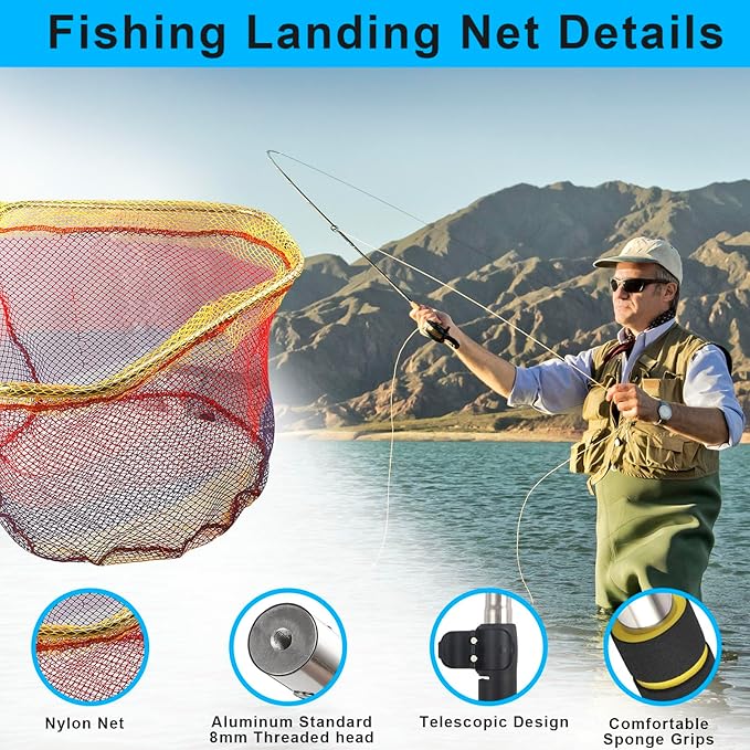 Fishing Landing Net, Fishing Net with Handle for Fishing with Splicing Extension Pole Handle Sturdy Stainless Steel Tubes Comfortable Sponge Handle, yellow