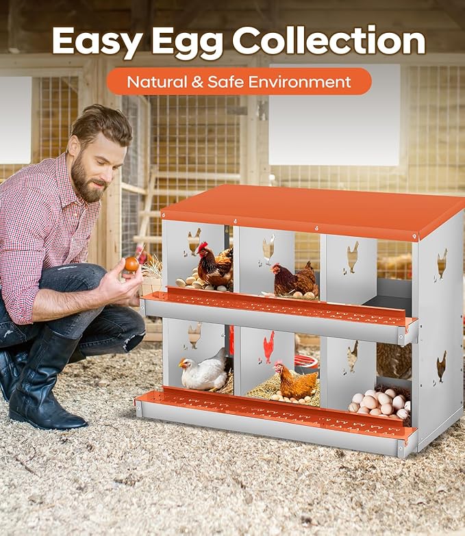 Chicken Nesting Box,6 Compartments Nesting Box for Chickens, Two-Tier Galvanized Metal Wall Mount Chicken Egg Laying Box with Large Vented Holes for Easy Egg Collection ﻿