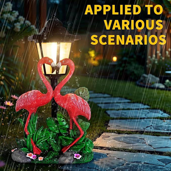 Solar Flamingo Garden Decor, Romantic Flamingo Couple with LED Lantern Decoration for Outside Patio Yard Backyard Gifts for Mother's Day Birthday Housewarming