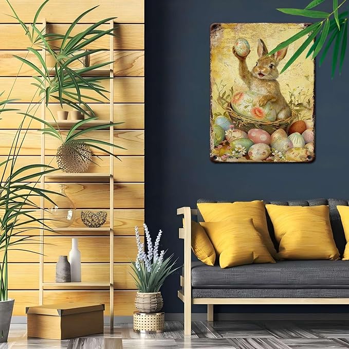 Rustic Easter Bunny Metal Sign Vintage Aluminum Plaque Suitable For Multiple Locations Including Terrace Beach Garage Gym Laundry Room 12X16Inch