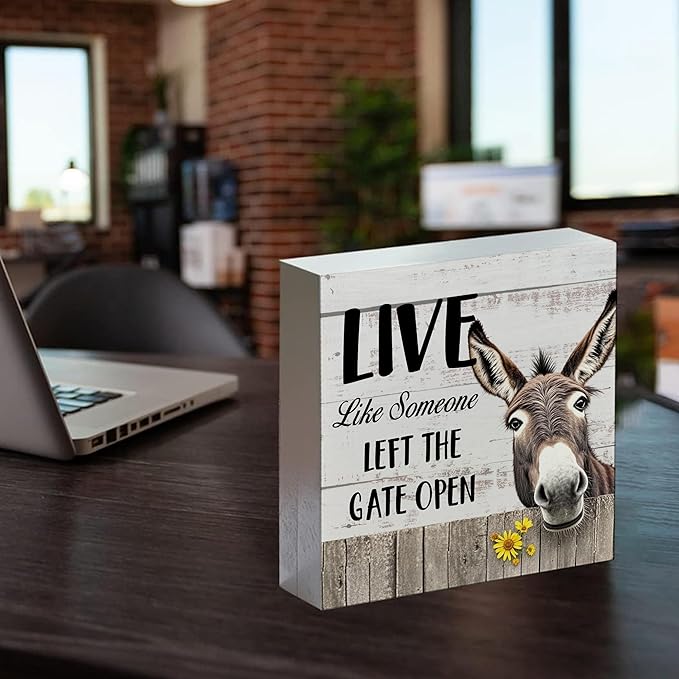 Rustic Farmhouse Wooden Sign - Funny Retro Donkey Decor, Office Decor for Women, Donkey Lovers Gifts, Live like Someone Tabletop Shelf Desk 5x5 Inch