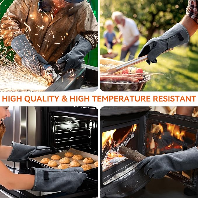 OZERO 932°F Heat Resistant Mig/Stick Welding Gloves 14 inches Cowhide Leather - Long Sleeve and Insulated Lining Barbecue Glove for Tig Welder/Grilling/Oven/Stove Black-gray