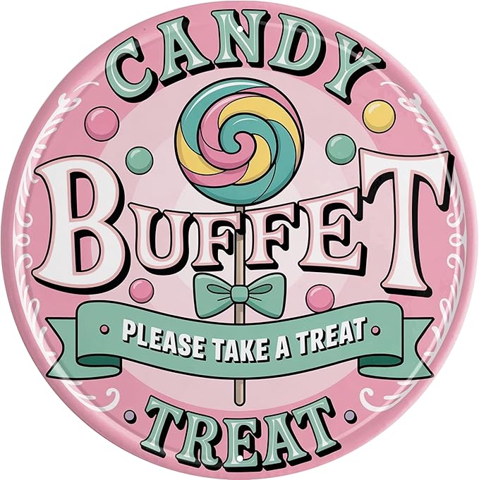 AWISZZZ Candy Buffet Treat Metal Sign 8x8in Round Sweet Plaque for Party Room Wall Dessert Table Gift