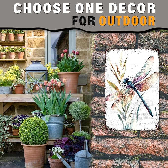 Dragonfly Garden Decor Watercolor Dragonfly Metal Tin Sign Vintage Wall Art for Home Decor Patio Garden Outdoor & Indoor Nature Inspired 8x12inch