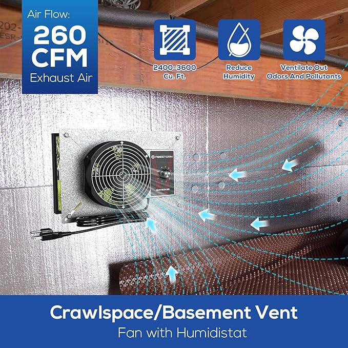 Abestorm 260CFM Crawlspace Ventilation Fans, IP-55 Rated Exhaust Fan with Humidistat Thermostat, 6.7 Inch Basement Vent Fan with Isolation Mesh for Crawl Space, Garage, Attic, Exhaust,Commercial