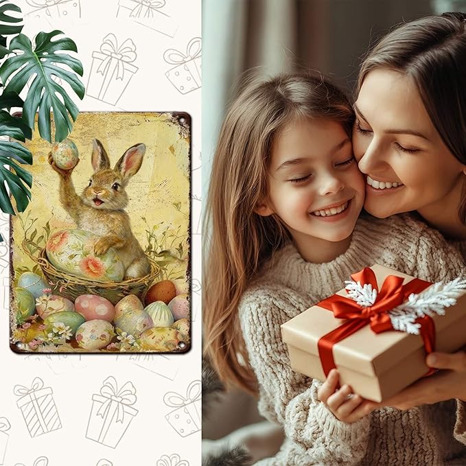 Rustic Easter Bunny Metal Sign Vintage Aluminum Plaque Suitable For Multiple Locations Including Terrace Beach Garage Gym Laundry Room 12X16Inch