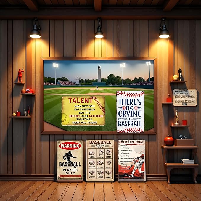 5 Pack Baseball Decor For Boys Room Vintage Baseball Tin Sign Baseball Stuff Accessories Wall Art Decor Posters Baseball Themed Party Decoration Motivational Quote Gifts Cool Boy Bedroom Decor 8x12 In