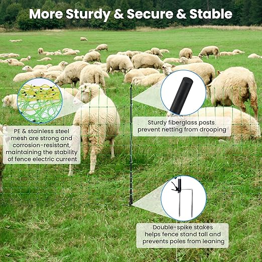 Electric Fence Netting, 42.5" H x 164'L, Portable Livestock Fencing Used in Backyards, Farms and Ranches, Electric Netting Fence for Cattle, Sheep, Goat, Hogs, Net Fencing with 14 Posts Double Spiked