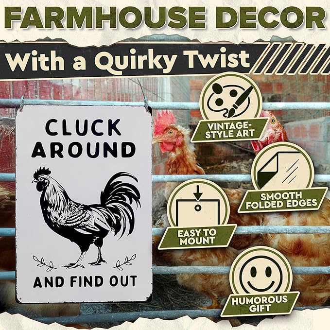 Humorous Chicken Coop Sign – 12 x 8 inch Rustic Tin Rooster Decor for Barn or Kitchen, Farmhouse Metal Sign, Country Farm Decorations Indoor or Outdoor