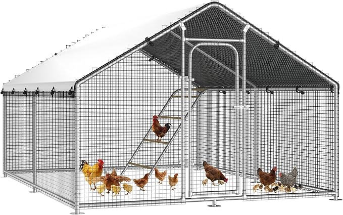Large Metal Chicken Coop Run with Roosting Perch, Outdoor Poultry Cage with Heavy Duty Wire Mesh and UV-Resistant Cover for Chickens Use, Spire Roof (8.9'W x11.8'L x 6.6'H)