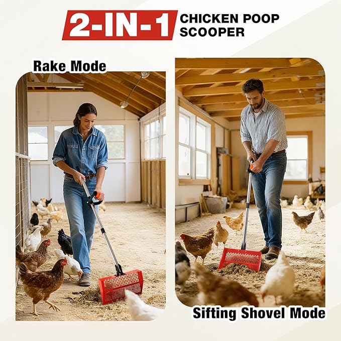 Lineslife Chicken Poop Scooper for Sand & Rake 2-in-1, Metal Chicken coop Scoop with 35 to 76" Adjustable Aluminum Alloy Handle, Litter Scooper Sand Sifting Shovel Chicken Coops/Animals House