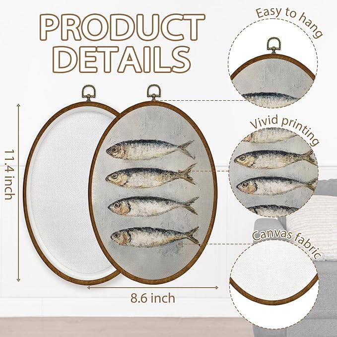 WULQYING Vintage Sardine Fish Wall Art Decor, Nautical Coastal Fish Oval Framed Canvas Art Prints, Retro Beach Fishing Wall Hanging Decor for Beach Home Kitchen Dining Room, 8.6x11.4 Inches