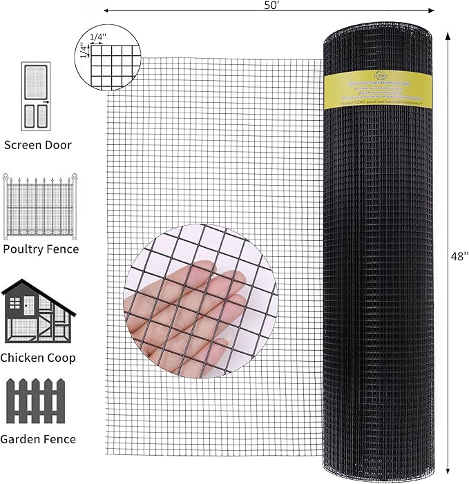 Black Hardware Cloth 1/4inch 48 inch x 50ft 23 Gauge PVC Coated Wire Mesh Roll Welded Wire Fencing Roll Poultry Netting Snake Fence Rabbit Cages Rodent Wire Chicken Wire Fencing Wire Cloth.