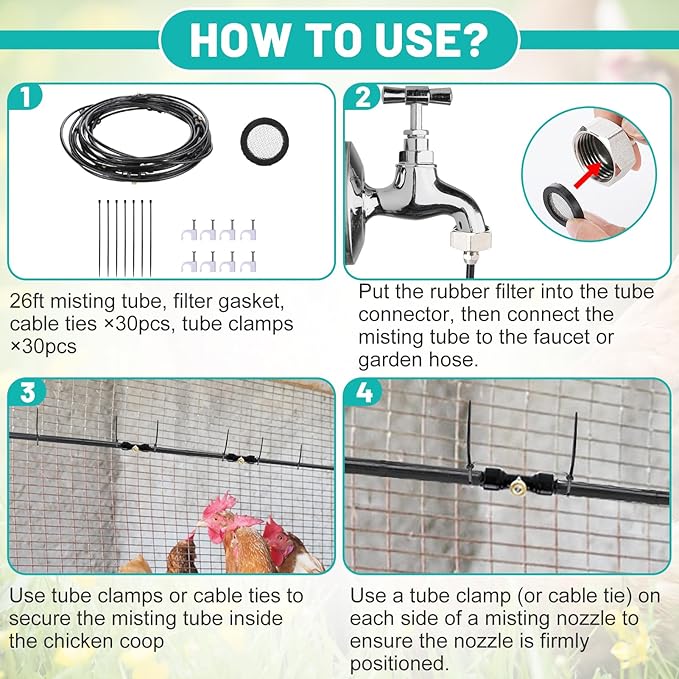 Pre-Assembled Chicken Coop Misting System for Cooling - Leak-Resistant Mist Hose Kit for Summer Poultry Heat Relief, Included 39.4ft Line, 3/4" Adapter, 11 Brass Nozzles, Filter Gasket Accessories