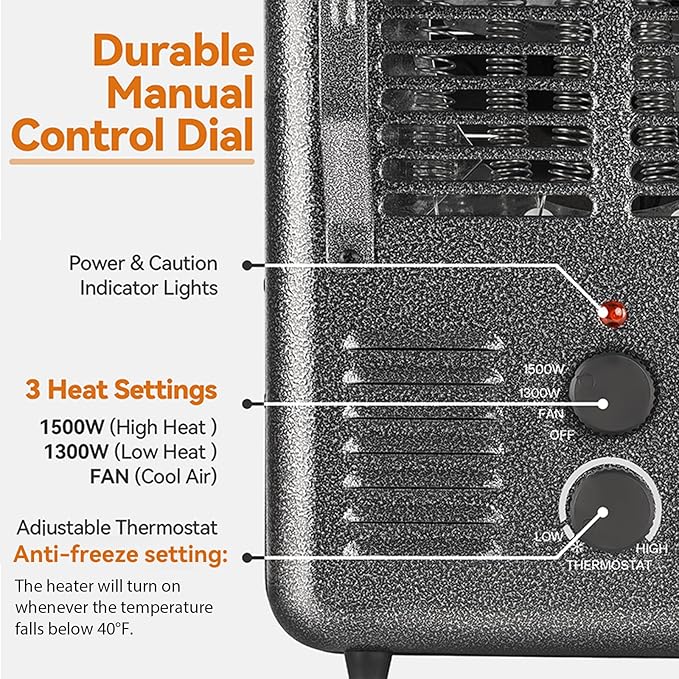 Shinic Space Heater,1500W Milkhouse Heater with Thermostat, Stay Cool Durable Metal Housing, Overheat protection, 3-Prong Plug, Tip-Over Auto Shut Off, Utility Heater for Garage, Bedroom, Greenhouse