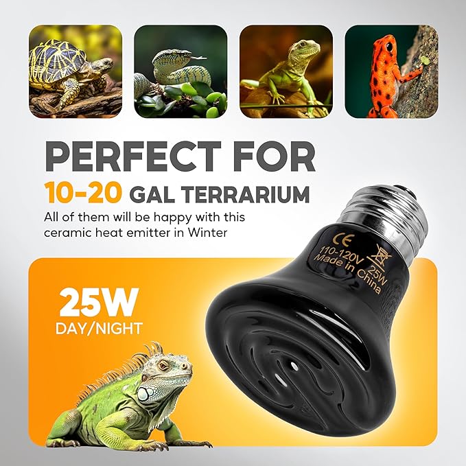 HealSmart 25W Mini Reptile Heat Lamp Ceramic Heat Emitter, No Light Emitting Heat Bulbs, Suitable for Snake/Lizard/Spider, Plant Growth and Incubating Chicken, 2-Pack