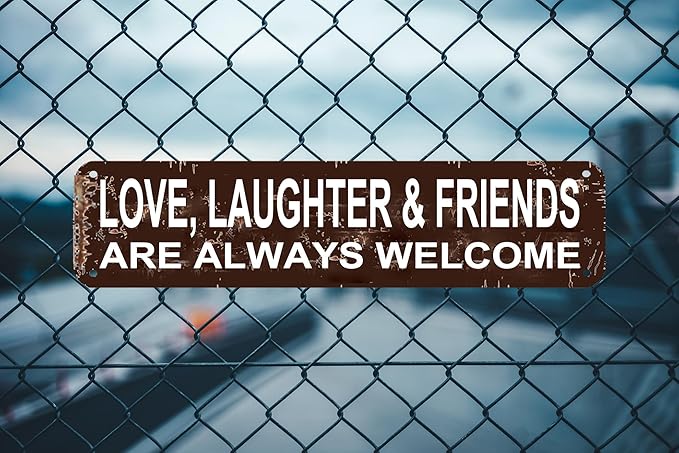 Love Laughter Friends Welcome Sign - 16x4 Inch Farmhouse Metal Wall Art for Entryway, Home Decor, Living Room, Porch