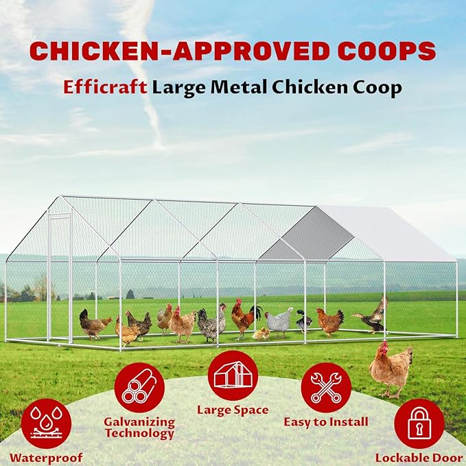 Chicken Coop Large Metal Chicken Run Pen for 20 Chickens Poultry Cage with Waterproof Cover for Walk-in Chicken Run for Yard Outdoor