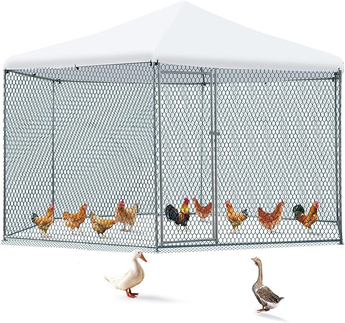Outvita Large Metal Chicken Coop, Hexagon Walk in Chicken Run for Yard with Waterproof Cover, 13 x 11.4 x 8.6FT, Heavy Duty Steel Frame, Large Poultry Cage for Dog Kennel, Duck Coop and Hen House