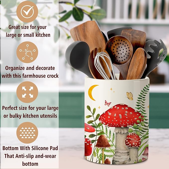 pinata Mushroom Kitchen Decor Ceramic Utensil Holder, Cute Mushroom Utensils Holder for Farmhouse Indoor Kitchen Decorations Rustic Farmhouse Decor (6.3 inch)