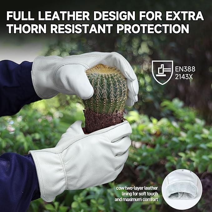 OZERO Gardening Work Gloves Men,Insulated Heavy Duty Cut Resistant Thorn Proof Leather Cowhide Gloves for Driving Welding