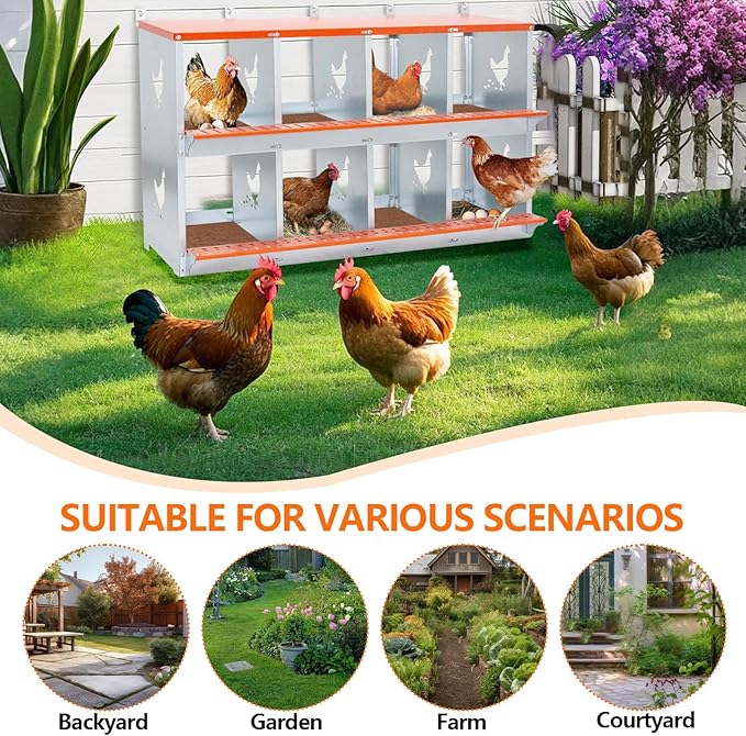 Chicken Nesting Box for Laying Eggs - 8 Room Chicken Laying Boxes, Nesting Boxes for Chickens, Heavy Duty Metal Chicken Coop (42.5" L x 17" W x 25" H)