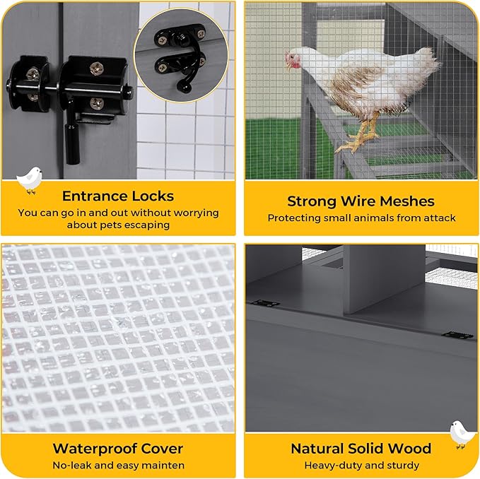Extra Large Chicken Coop Run, Outdoor Wooden Chicken House Insulated with Waterproof Cover for Winter, 4 Nesting Boxes, Roosting Bars for 10-15 Chickens, Backyard, Farm, 9' x 6' x 6' (Modern Grey)