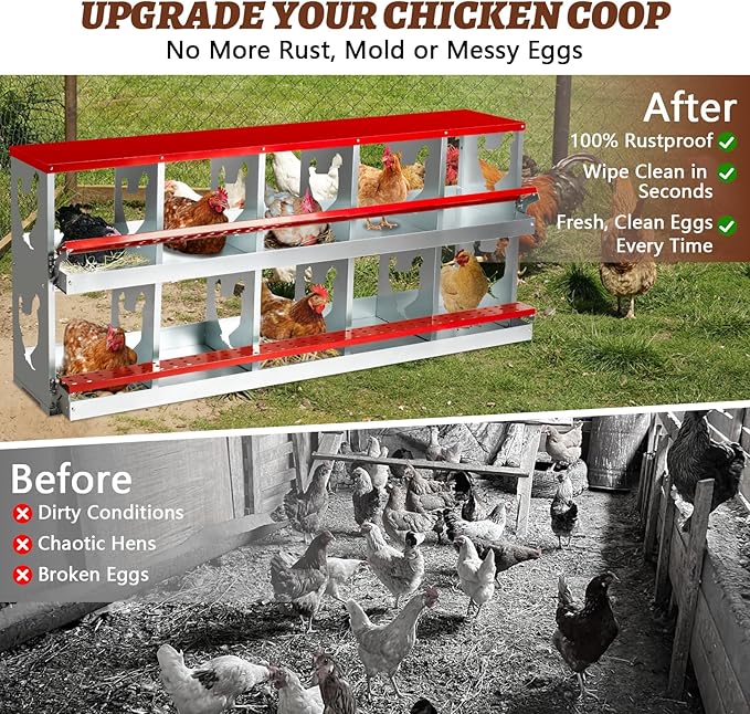 Chicken Nesting Box,Heavy Duty Metal Nest Boxes,10 Hole Roll Away Nesting Boxes,with Large Vented Holes,Wall-Mountable Chicken Coop Nesting Boxes,for Chickens,Ducks,Large Egg Boxes (Red 10 Hole)