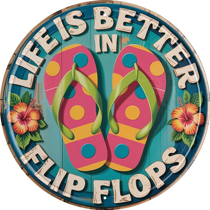 Flip Flop Life Metal Sign 8x8in Round Beach Plaque for Patio Wall Decor Coastal Gift
