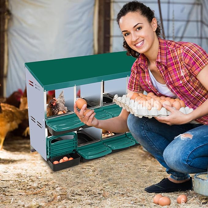 Chicken Nesting Box, 2-Tier Chicken Egg Laying, 8 Compartments Chicken Laying Box for Hens, 8 Room Metal Nesting Boxes for Chicken, Roll Away Nest Box with Lid Cover to Protect Eggs,8 Holes Green