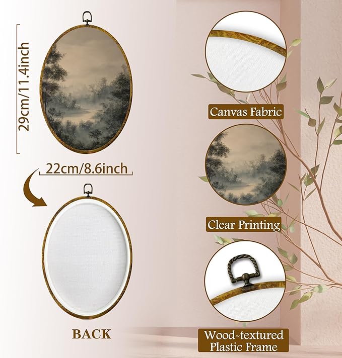 shiviody Vintage Landscape Canvas Wall Art Decor, Antique Rustic Farmhouse Neutral Country Lake Landscape Oval Hanging Frame Prints Decorations for Home Bedroom Living Room 8.6"x11.4"