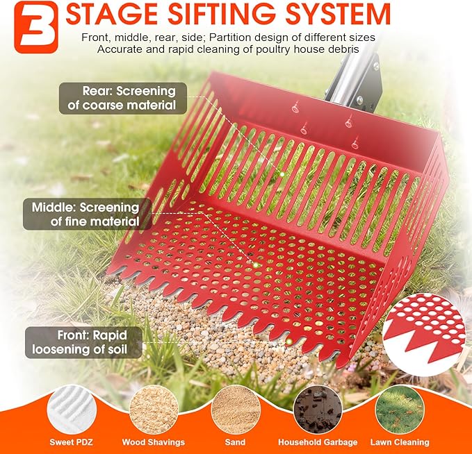 Heavy Duty Chicken Poop Scooper & Rake 2 in 1,Adjustable Angle Handle Chicken Coop Metal Litter Scoop & Sand Sifting Shovel,Pooper Scooper for Dog,Cat,Poultry,Farm Animals,36"-66"
