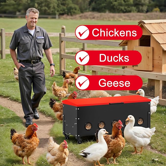 120lb Automatic Metal Chicken Feeder, Heavy Duty Gravity Chicken Feeder Box with Weatherproof Lid Brake Casters,Portable Chicken Feede No Waste Poultry Feeder for Ducks, Geese