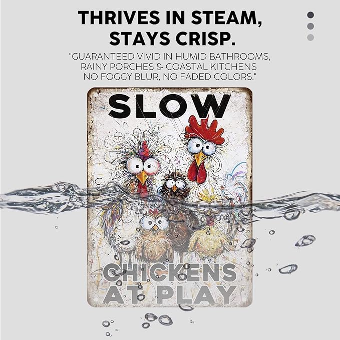 Slow Tin Sign Chickens at Play Vintage Hen Rooster Metal Sign Nostalgic Rustic Chicken Lovers Wall Decor Decorations for Home Farmhouse Poultry House Coop Yard 16 * 12In