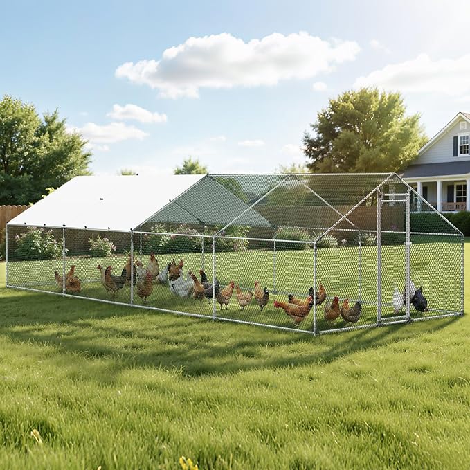 VEVOR Large Metal Chicken Coop with Run, 9.8x26.5x6.5 ft Walk-in Chicken Runs for Yard with Cover, Spire Roof Hen House with Security Lock for Outdoor and Backyard, Farm, Duck Rabbit Cage Poultry Pen