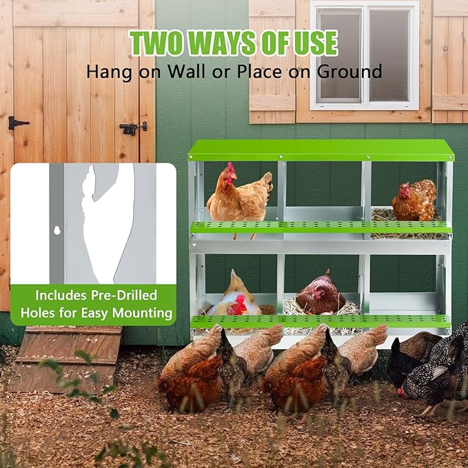 Chicken Nesting Box for Laying Eggs,6 Hole Roll Away Nesting Boxes,Chicken Laying Boxes with Large Vented Holes,Wall-Mountable Chicken Coop Nesting Boxes,Metal Laying Boxes for Hens,Ducks(Green)