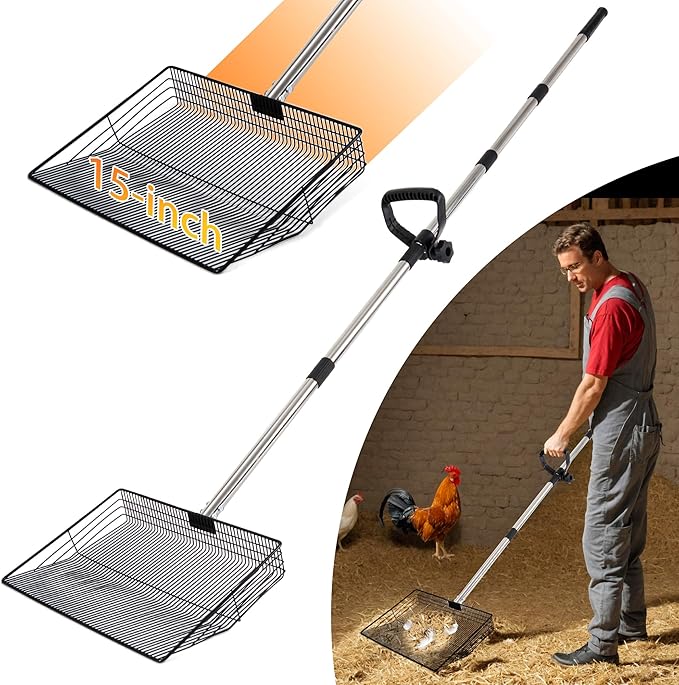 Large 15inch Chicken Poop Scooper, Chicken Coop Accessories 24-68" Long Litter Scoop with Ergonomic Grip, 5-in-1 Multifunctional Heavy Duty Litter Sifting Shovel for Coop, Goat Stall, Stable Cleaning