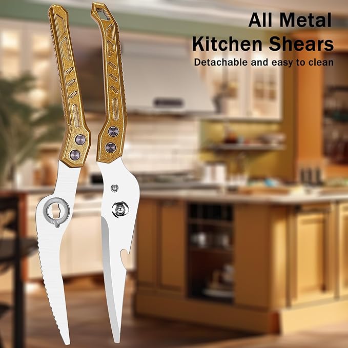 Heavy Duty Kitchen Poultry Shears - Professional Food Scissors for Spatchcocking Chicken, Cutting Raw Meat & Poultry Bones, Thick Steel Blades, Spring-Loaded, Dishwasher Safe Gold