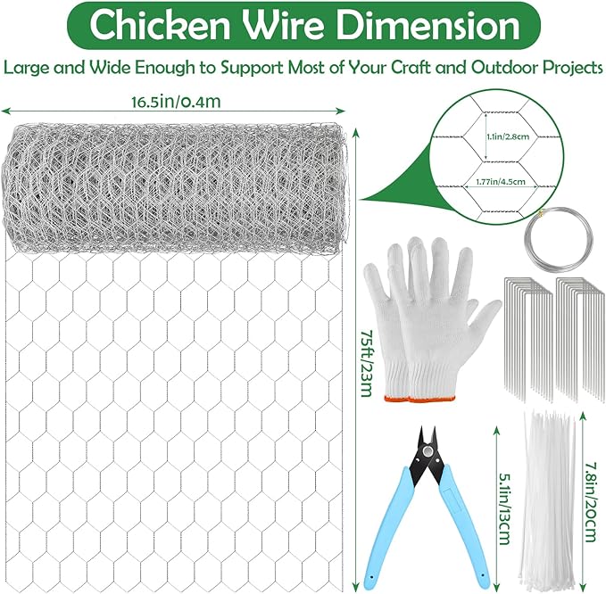 Floral Chicken Wire for Craft, 15.7 Inch x 75 FT Lightweight Galvanized Hexagonal Chicken Wire Netting, Silver Chicken Wire Fence for Garden Poultry Chicken Wire Mesh with Gloves, Wire Ties, Plier