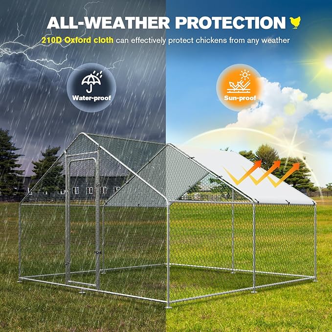 Large Metal Chicken Coop Walk-in Chicken Run with Waterproof Cover Outdoor Backyard Farm Anti-UV Spire Shaped Cage for Poultry, Ducks, and Rabbits(9.8' L x 9.8' W x 6.5' H)