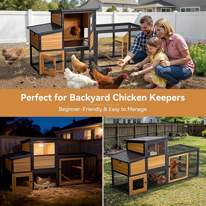 PETSFIT Wooden Chicken Coop for 2-4 Chickens, Backyard Coop with Run, 2 Nesting Boxes and 2 Roost Bars,PVC Windows, Easy-Clean 3-Door Access,Weather-Resistant PVC Roof, 6 Ground Stakes