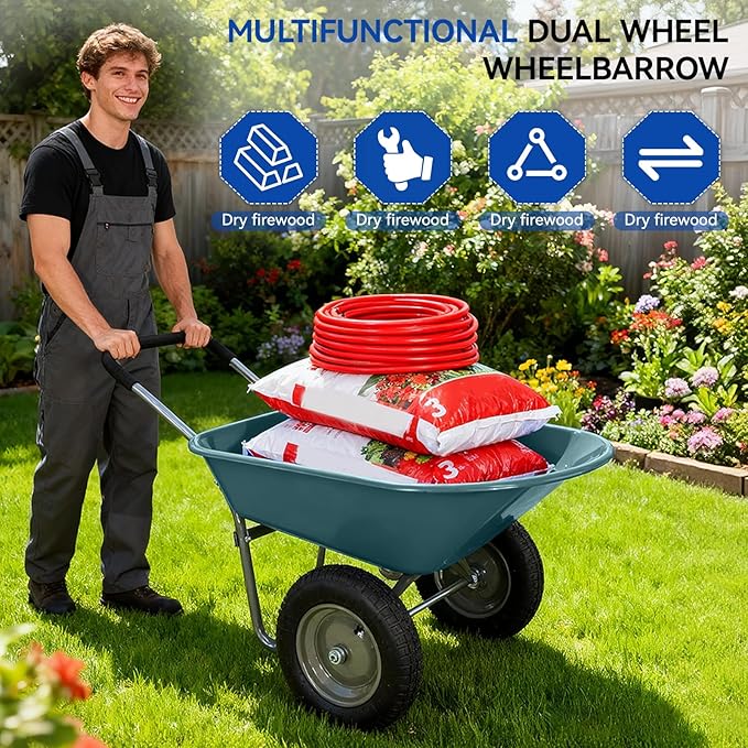 Dual Wheel Garden Wheelbarrow,Heavy Duty Yard Cart with 10“/15" Pneumatic Tires, Rustproof Poly Tray & Steel Handle, 300 lbs Capacity Utility Cart for Lawn, Farm, and Landscaping (Green-15“)